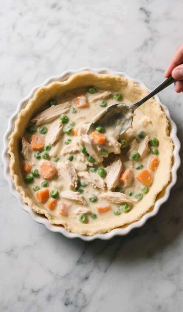 Raw pie crust filled with creamy chicken, carrot, and pea filling for homemade chicken pot pie, with a spoon adding more.