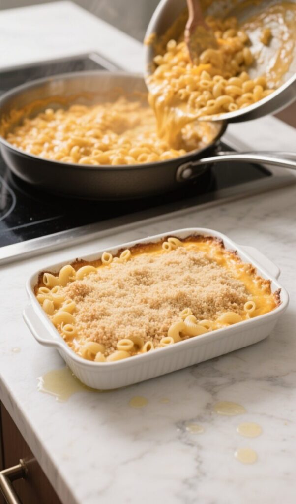 A pan pouring creamy macaroni and cheese into a baking dish topped with a breadcrumb crust, ready for the oven.