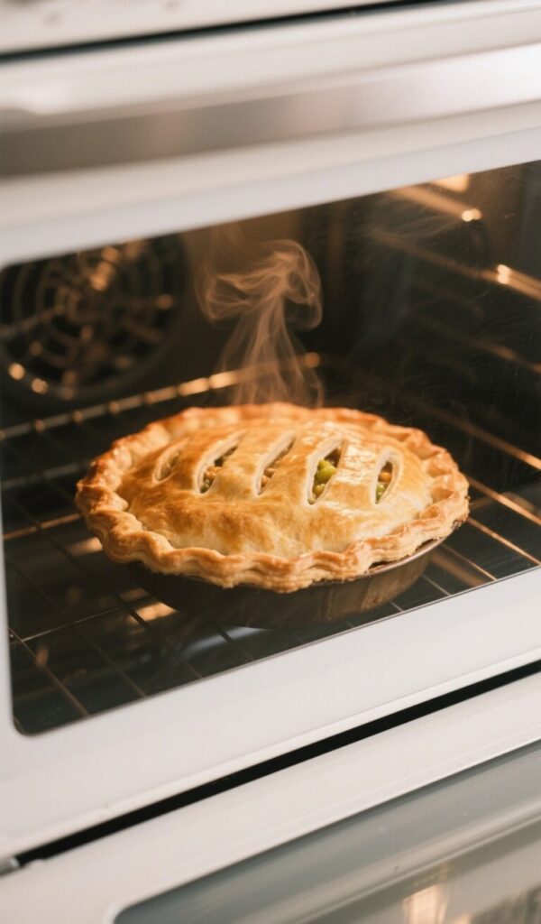 Homemade chicken pot pie baking in an oven with steam rising, featuring a golden flaky crust.