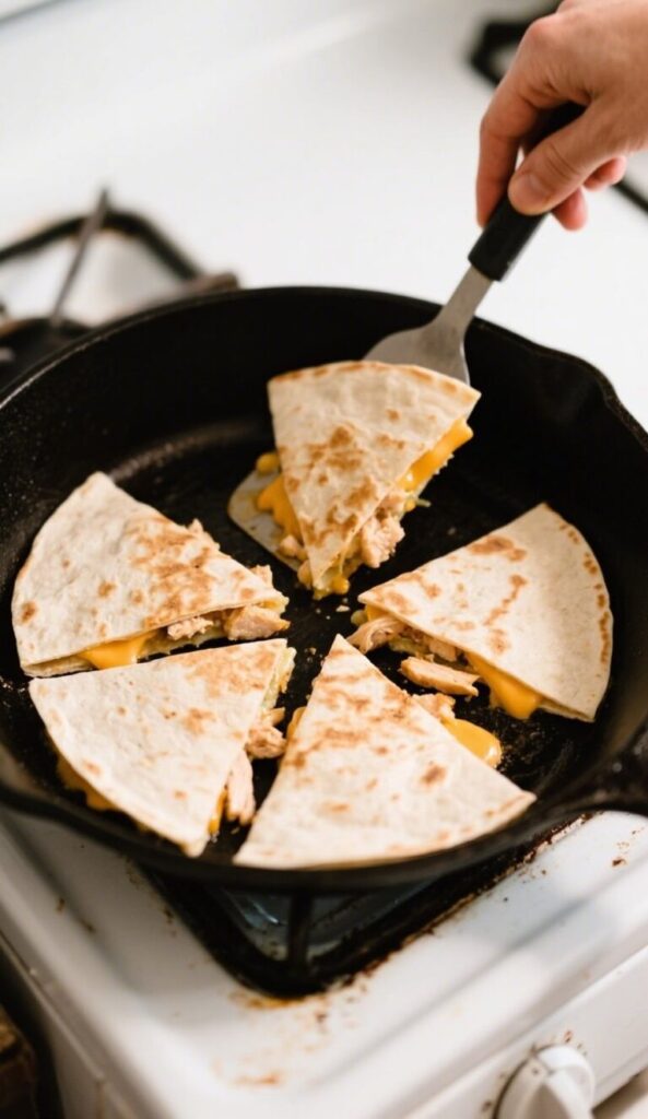 A skillet with golden Chicken and Cheese Quesadillas being flipped with a spatula on the stove.