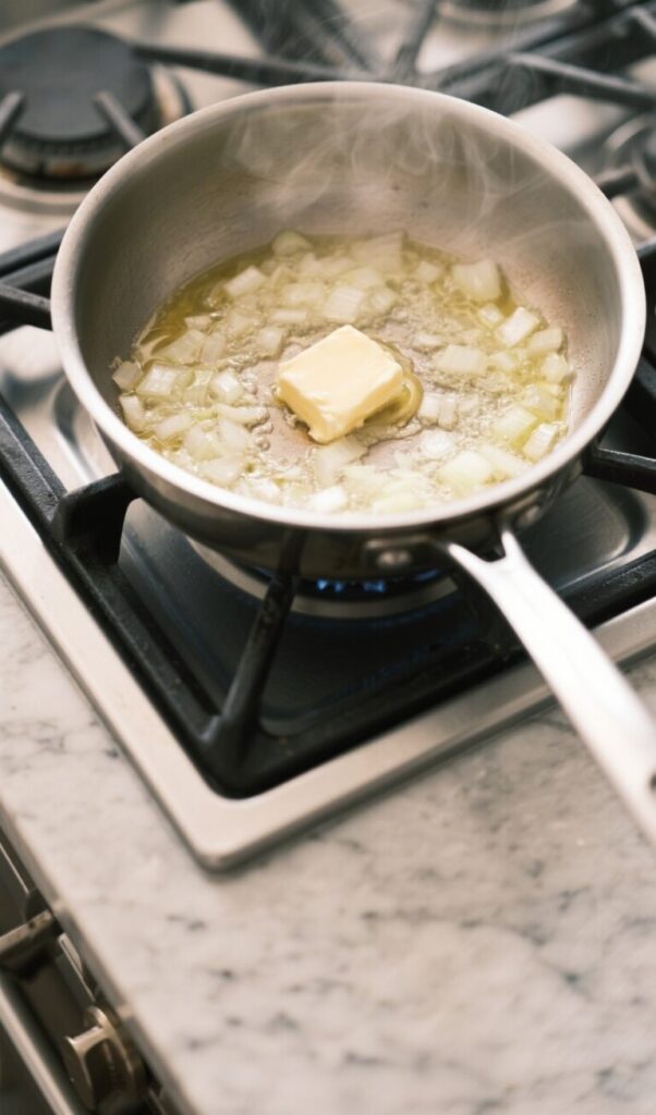 Melting butter with diced onions cooking in a saucepan on a stove, part of a homemade chicken pot pie recipe preparation.