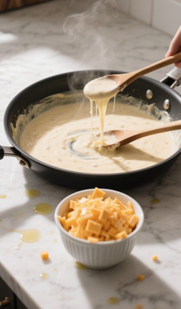 A pan on the stove with a creamy cheese sauce being stirred with a wooden spoon, alongside a bowl of cheddar cubes for Creamy Macaroni and Cheese.