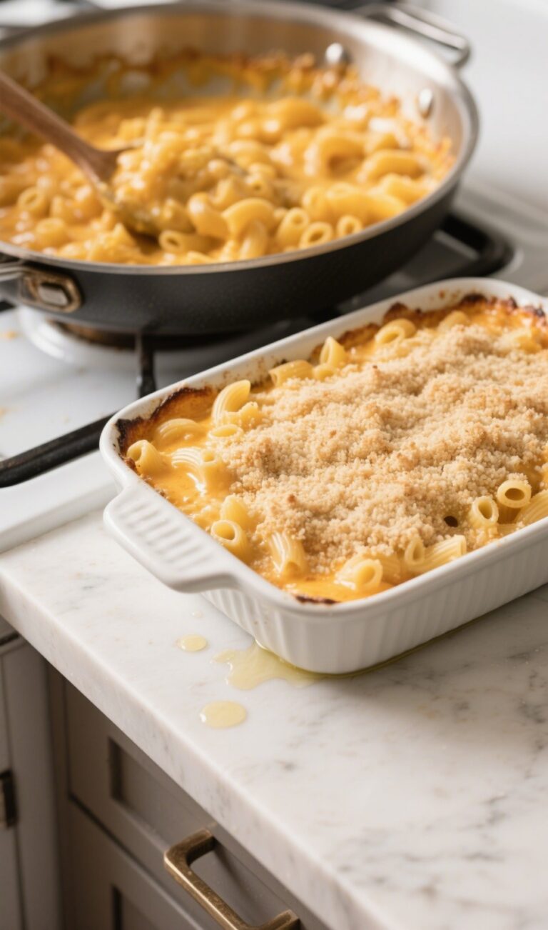 Baked macaroni and cheese in a white ceramic dish with a cheesy skillet in the background