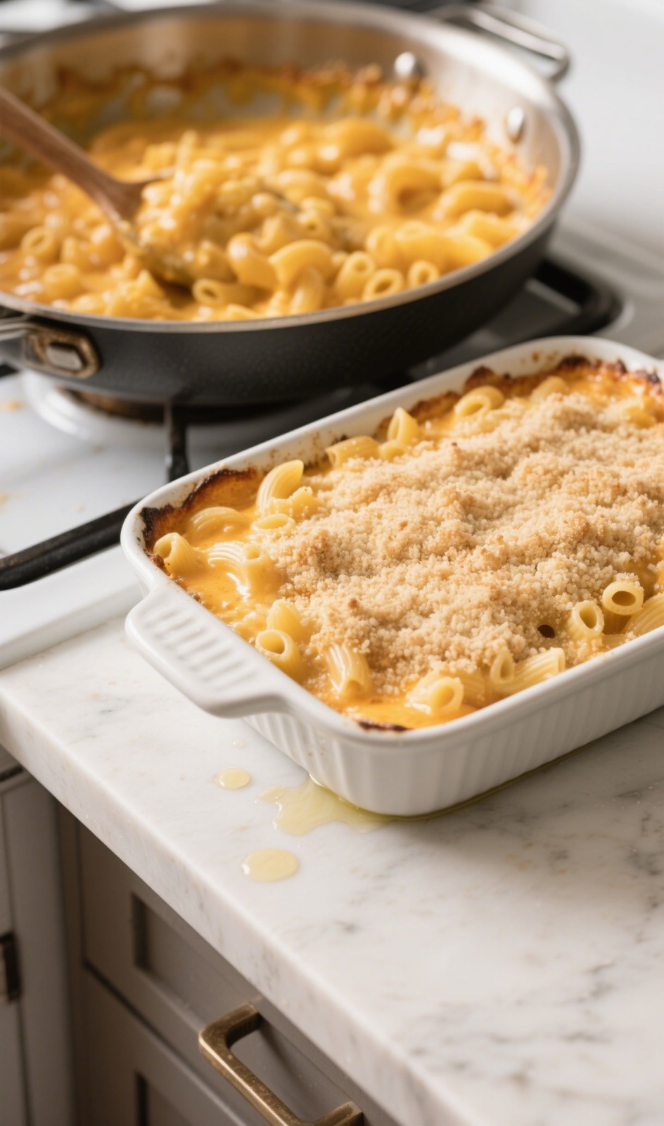 Baked macaroni and cheese in a white ceramic dish with a cheesy skillet in the background