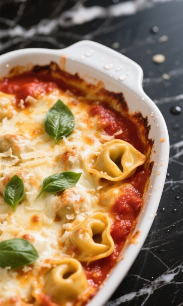Close-up of a creamy tomato basil tortellini bake in a white ceramic dish, topped with melted mozzarella, Parmesan, and fresh basil on a wooden table.
