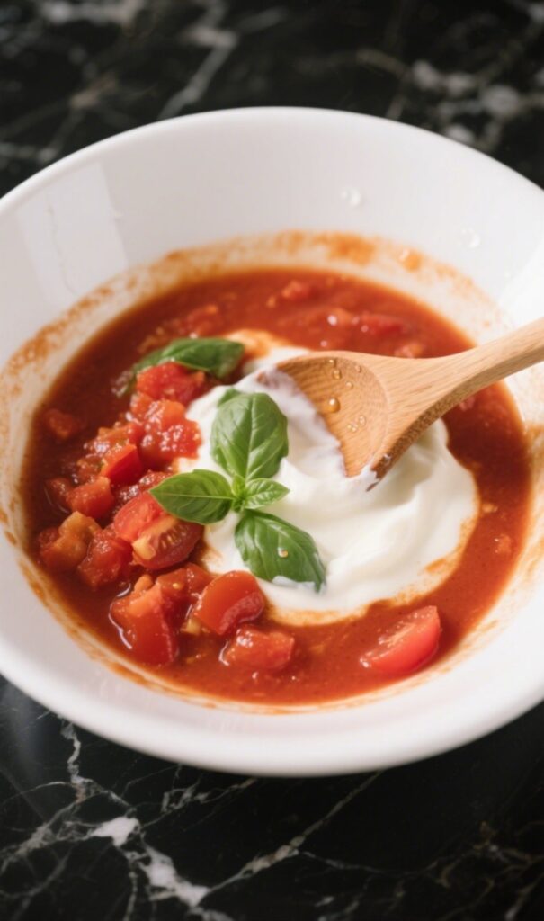 Stainless steel saucepan with simmering creamy tomato sauce, a wooden spoon, and fresh basil and tortellini on the counter, with slight steam.