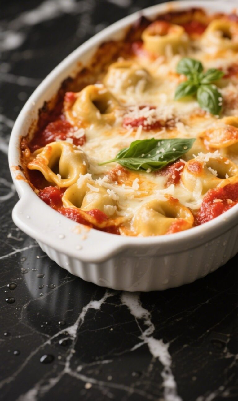 Creamy tomato basil tortellini bake in a baking dish on a rustic wooden table, surrounded by plates, red wine, garlic bread, and a salad.