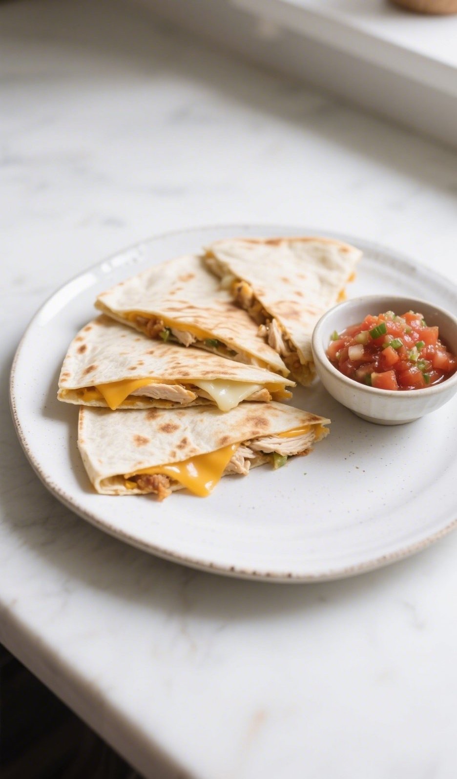 A plate of golden Chicken and Cheese Quesadillas served with a side of fresh salsa, placed on a marble countertop