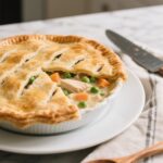 Partially sliced homemade chicken pot pie with flaky crust, filled with chicken, carrots, and peas, on a white plate with a knife and wooden spoon.