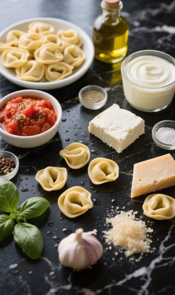 Fresh ingredients for creamy tortellini bake, including tortellini, tomatoes, mozzarella, basil, and spices, arranged on a light wooden table.