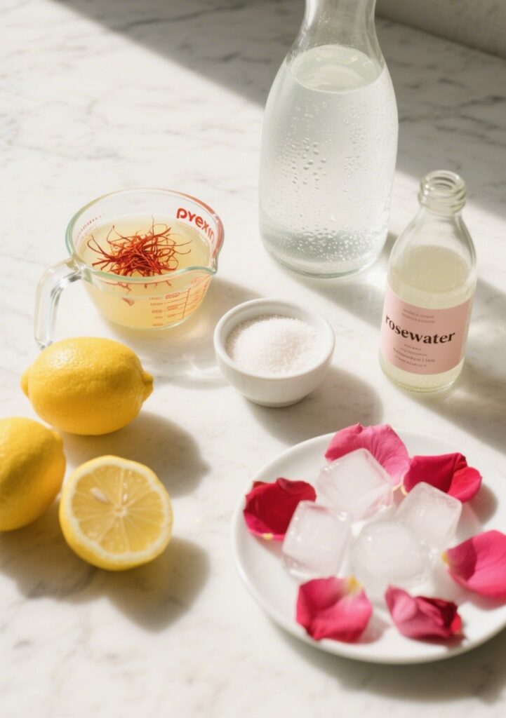 Flat lay of fresh ingredients for saffron rosewater lemonade on white marble countertop