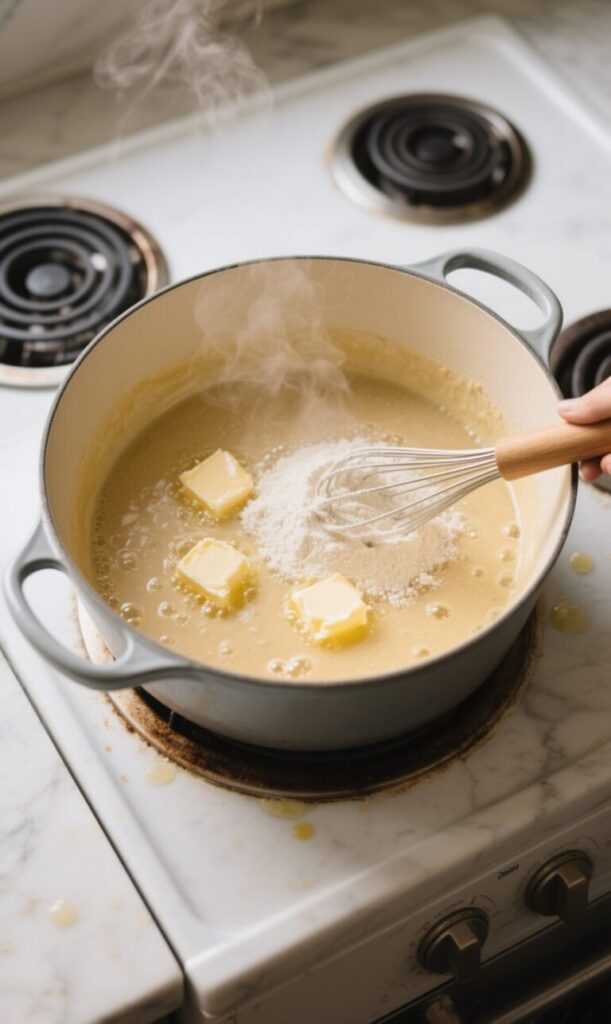 A pot on the stove with melted butter and flour being mixed into a creamy sauce for macaroni and cheese, stirred with a whisk