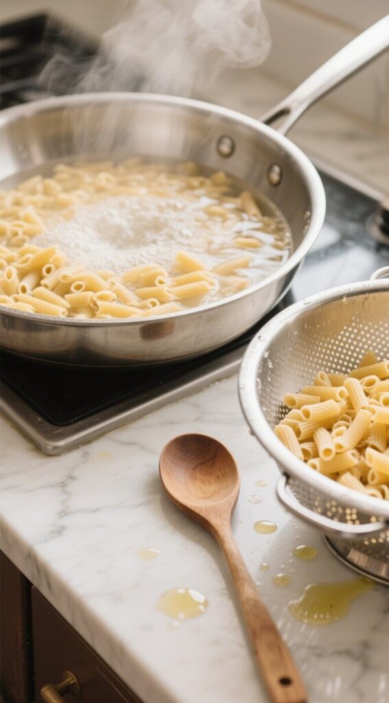 Steaming pasta cooking in a stainless steel pan with drained pasta in a colander on a marble countertop