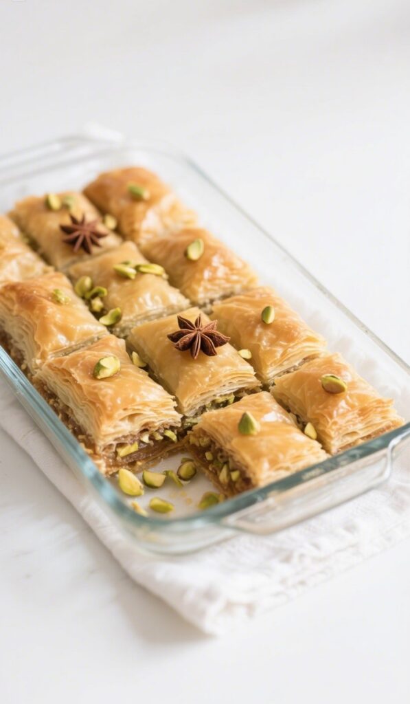 Freshly baked pistachio cardamom baklava bites with citrus syrup