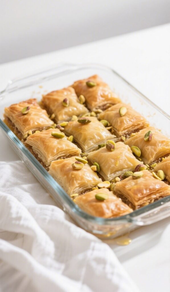 Freshly baked pistachio cardamom baklava bites with citrus syrup
