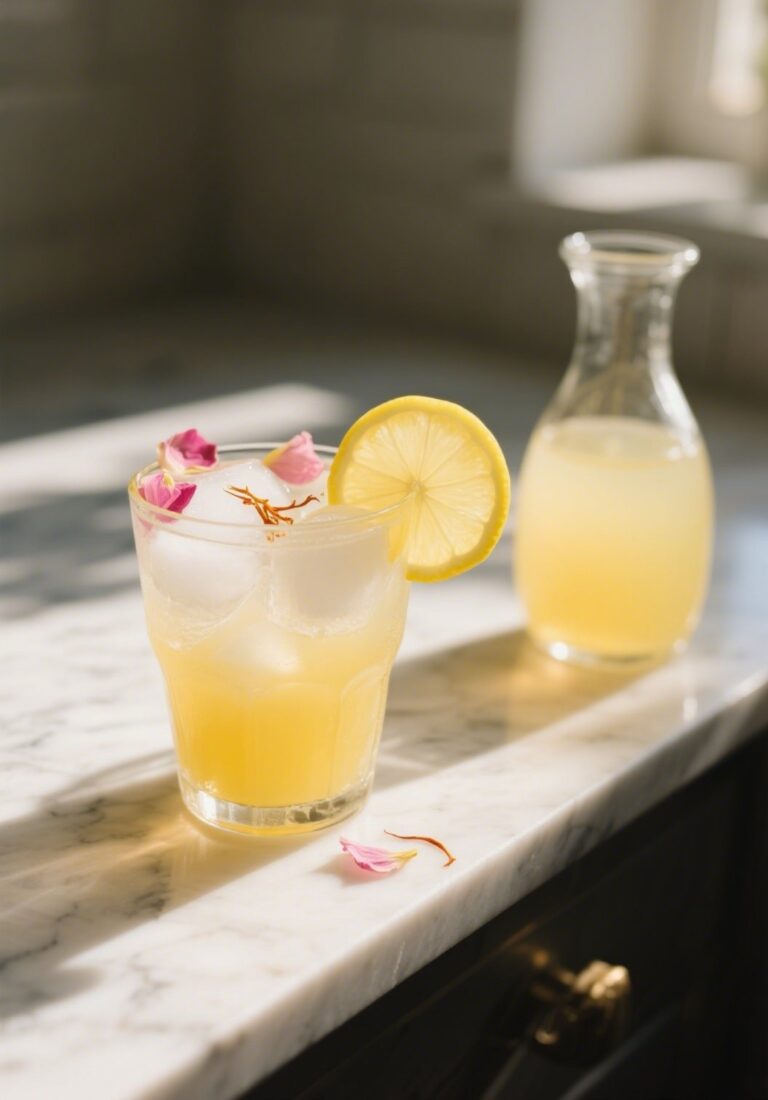 A glass of saffron rosewater lemonade with lemon slice and rose petals on a marble surface
