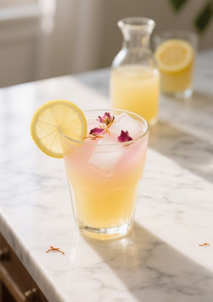 Glass of saffron rosewater lemonade with ice cubes, lemon slice, and rose petals on white marble