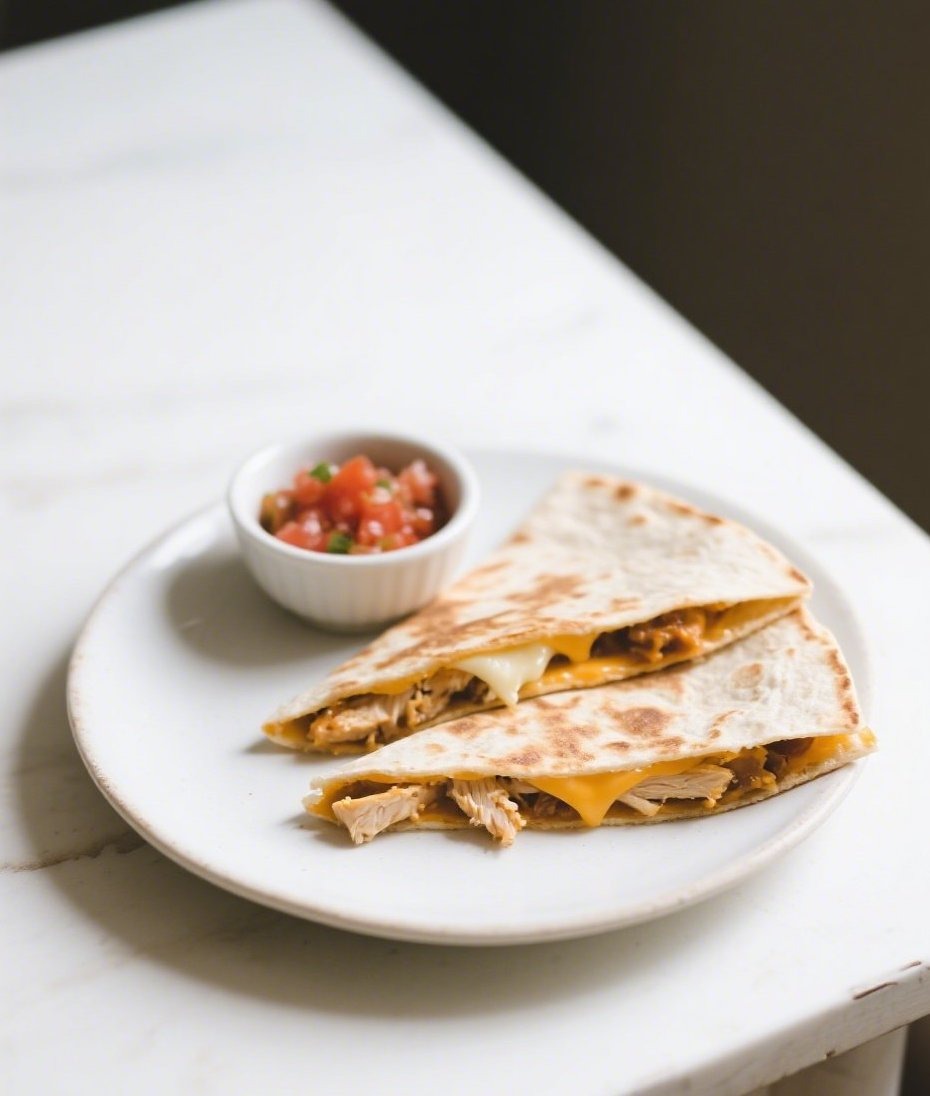 A plate featuring two golden Chicken and Cheese Quesadillas with melted cheese and chicken, served with a side of fresh salsa on a marble countertop