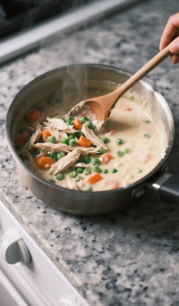 Creamy chicken pot pie filling with chicken, carrots, and peas being stirred with a wooden spoon in a saucepan on the stove.