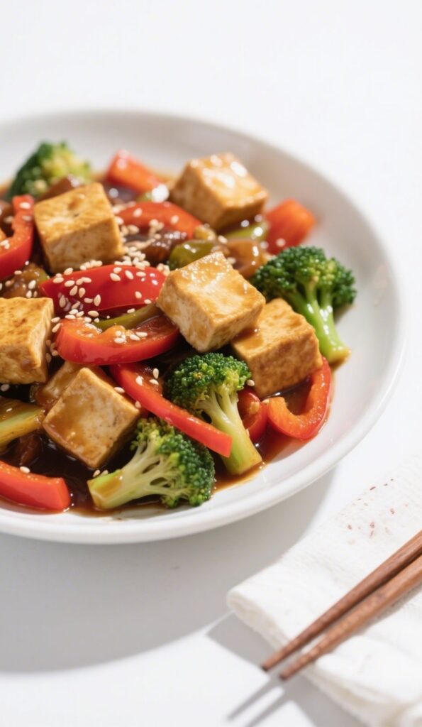 veggie stir fry with tofu served with bell peppers and broccolini