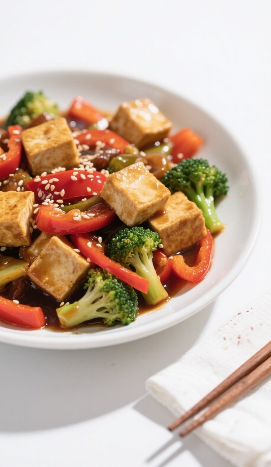 veggie stir fry with tofu served with bell peppers and broccolini