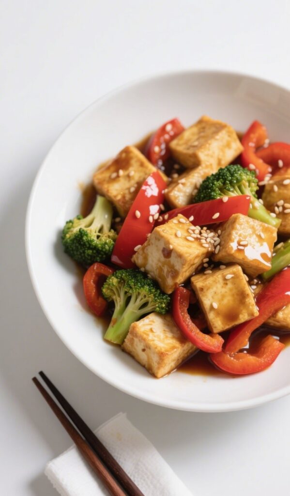 veggie stir fry with tofu served with bell peppers and broccolini