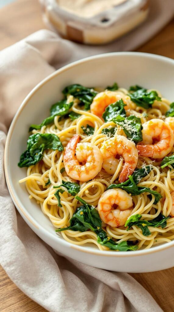 One-Pan Creamy Garlic Shrimp & Spinach Pasta