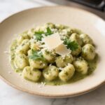 Creamy pesto gnocchi in a white skillet