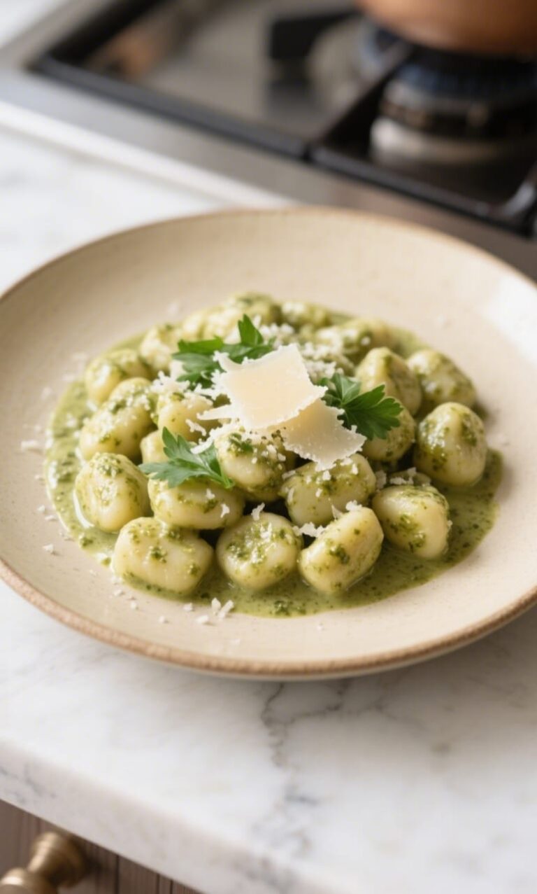 Creamy pesto gnocchi in a white skillet
