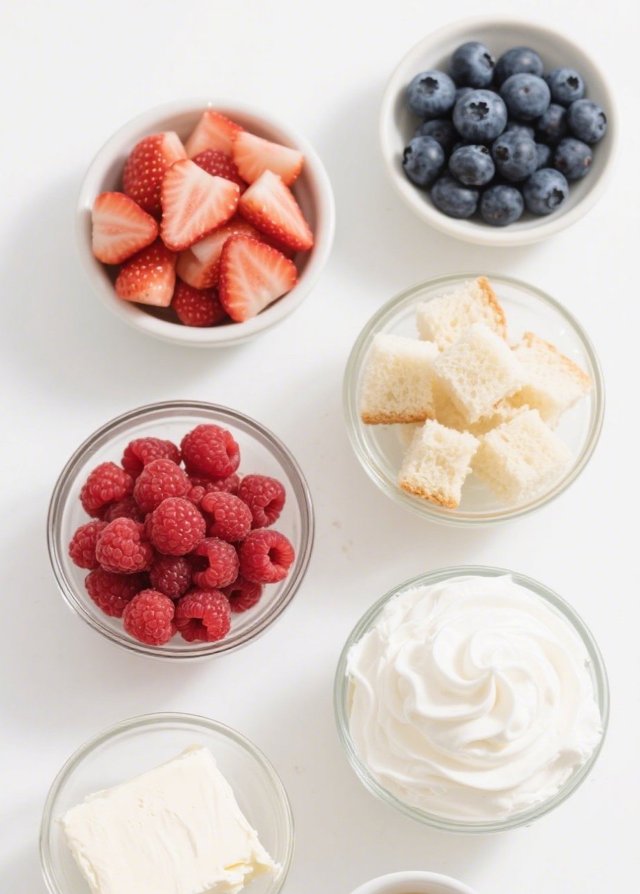 Ingredients for Angel Food Cake Berry Trifle including cake, cream, and berries