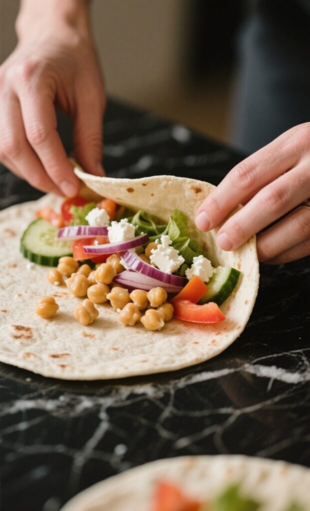Greek Salad Wrap assembly on black marble with texture-focused ingredients