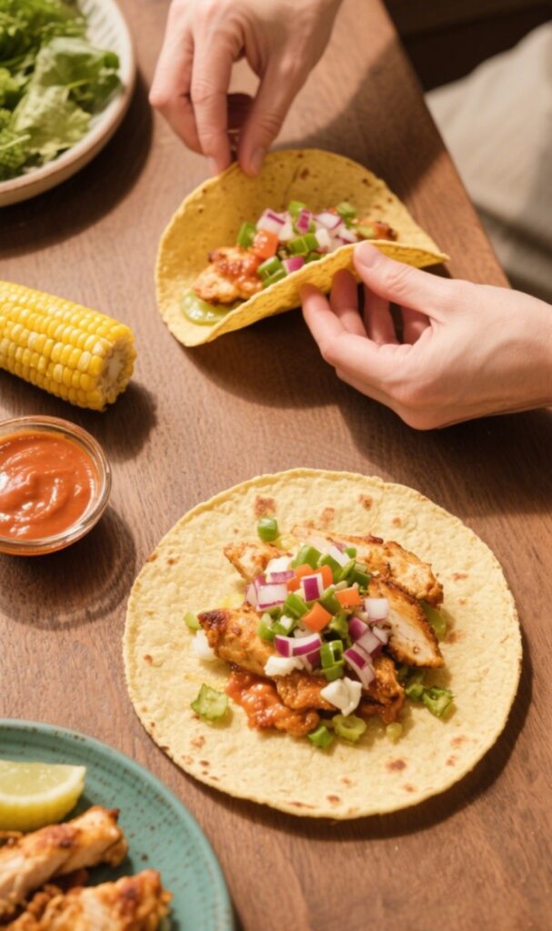hands building street corn chicken tacos