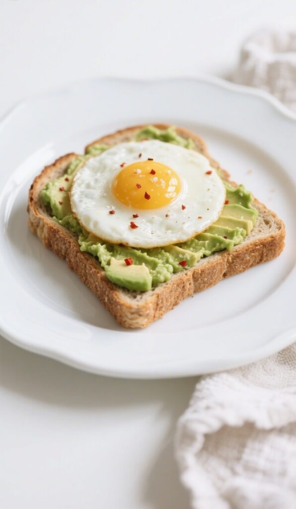 Avocado toast with egg and red pepper flakes on sourdough bread