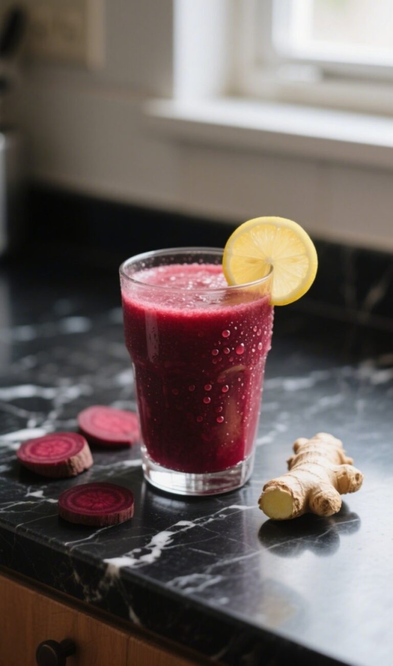 Fresh beet juice on black marble countertop with lemon and ginger