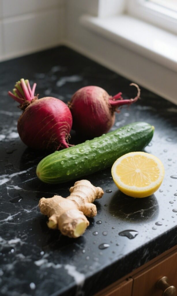 Beet juice ingredients on a black marble countertop with water droplets and natural lighting