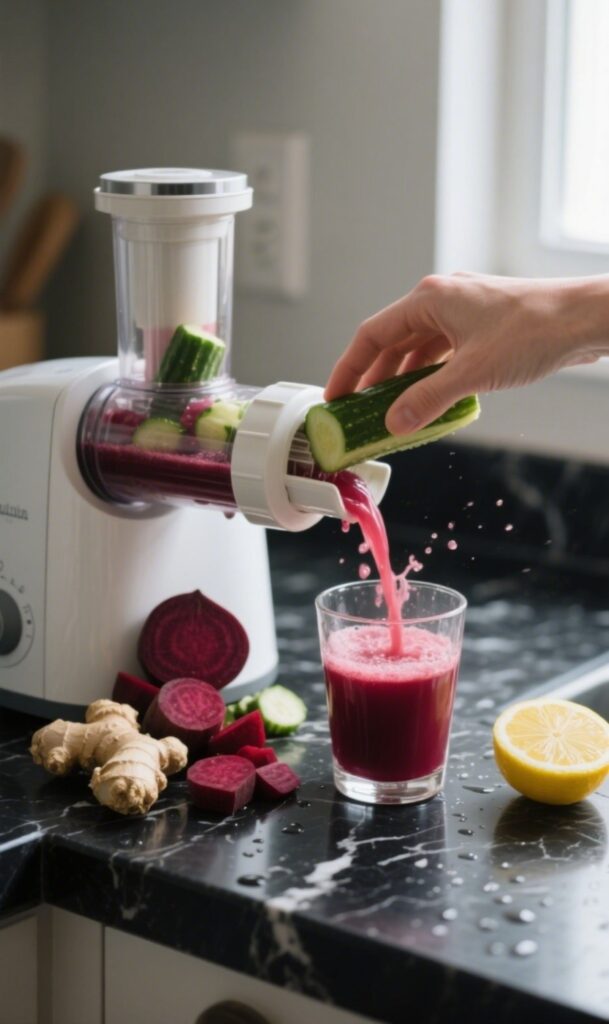 Beet juice preparation on black marble countertop with ingredients and juicer in action