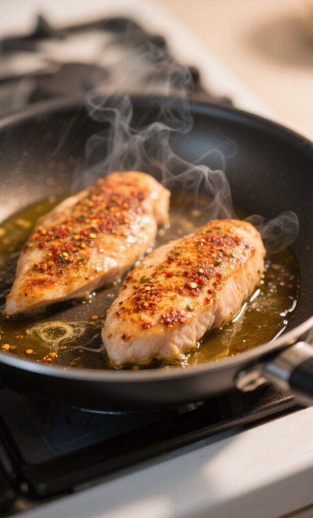 Cajun-seasoned chicken cooking in skillet