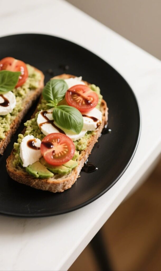 Caprese Avocado Toast Recipe with fresh basil and mozzarella