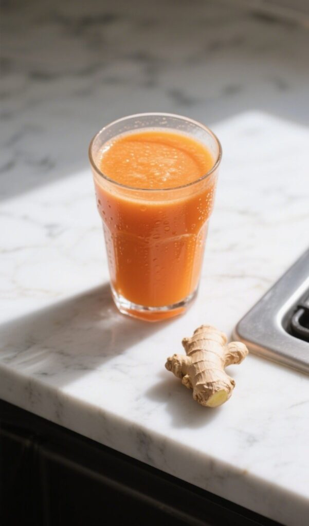 Carrot Orange Ginger Juice on white marble with fresh ingredients