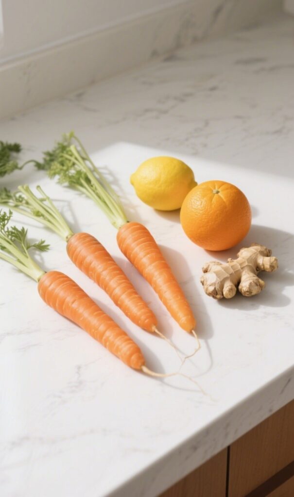 Fresh carrot, orange, ginger, and lemon juice ingredients on marble