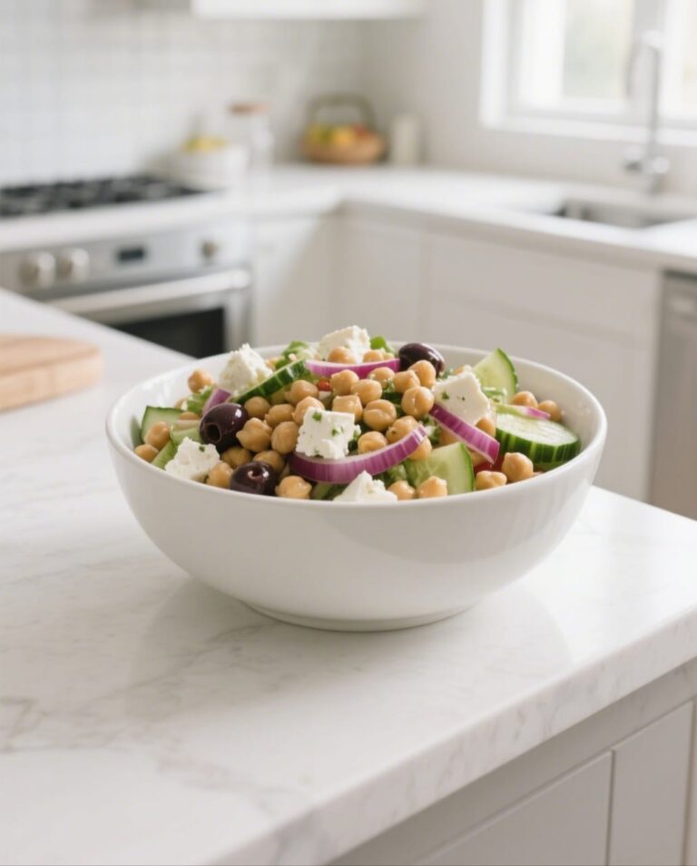 Final chickpea salad recipe served in a white bowl on kitchen counter
