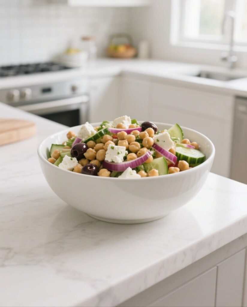 Final chickpea salad recipe served in a white bowl on kitchen counter