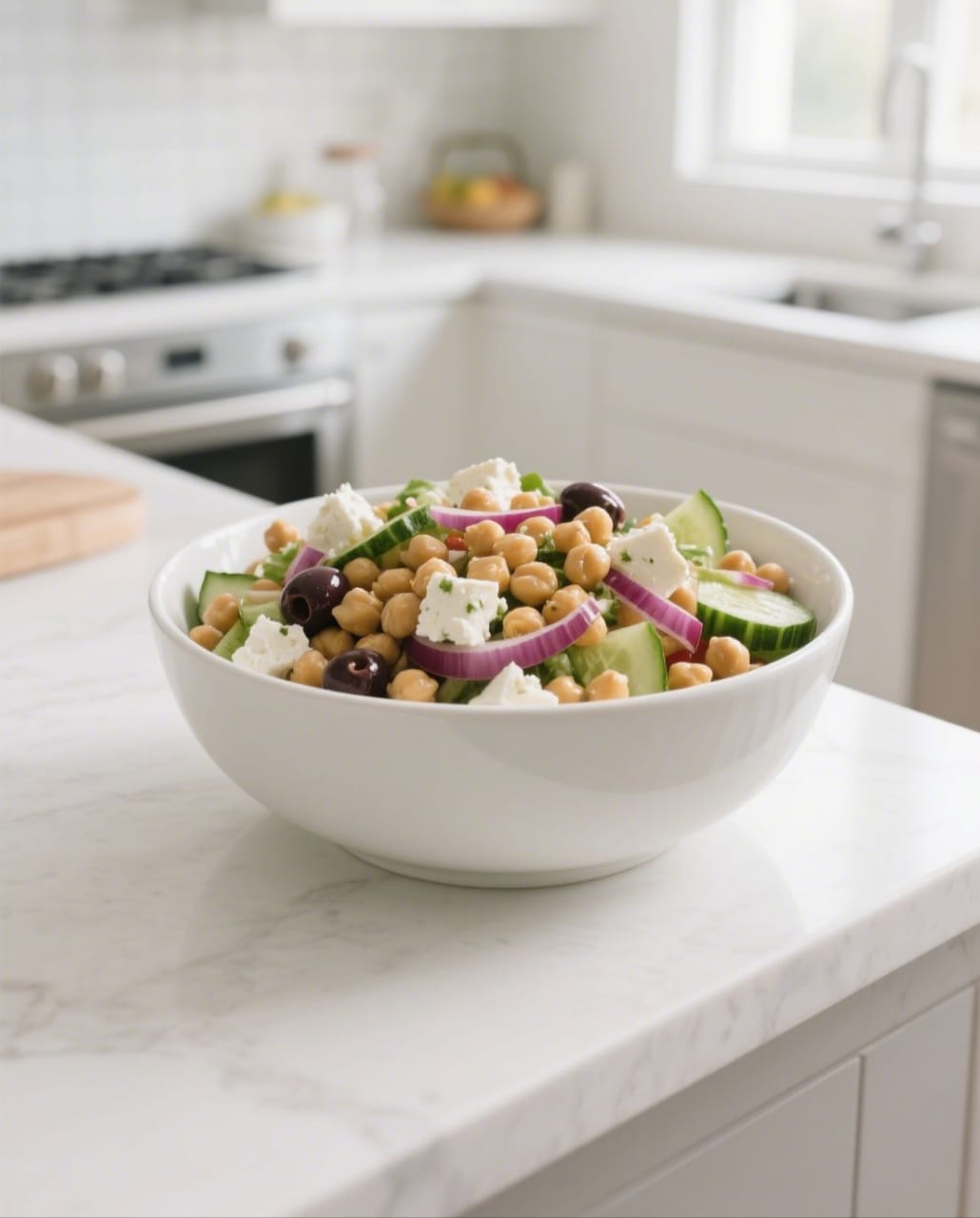 Final chickpea salad recipe served in a white bowl on kitchen counter