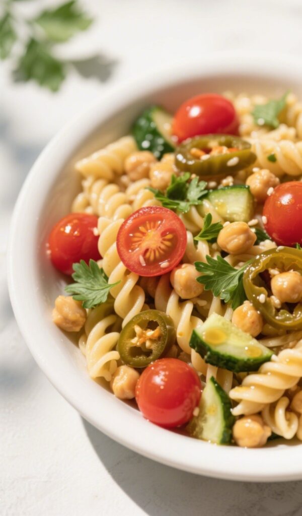 Chickpea Pasta Salad with cucumbers and tomatoes in vinaigrette