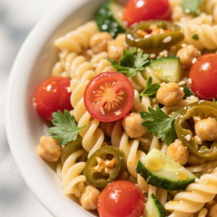 Chickpea Pasta Salad with cucumbers and tomatoes in vinaigrette