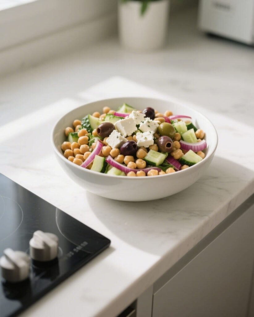 Final chickpea salad recipe served in a white bowl on kitchen counter
