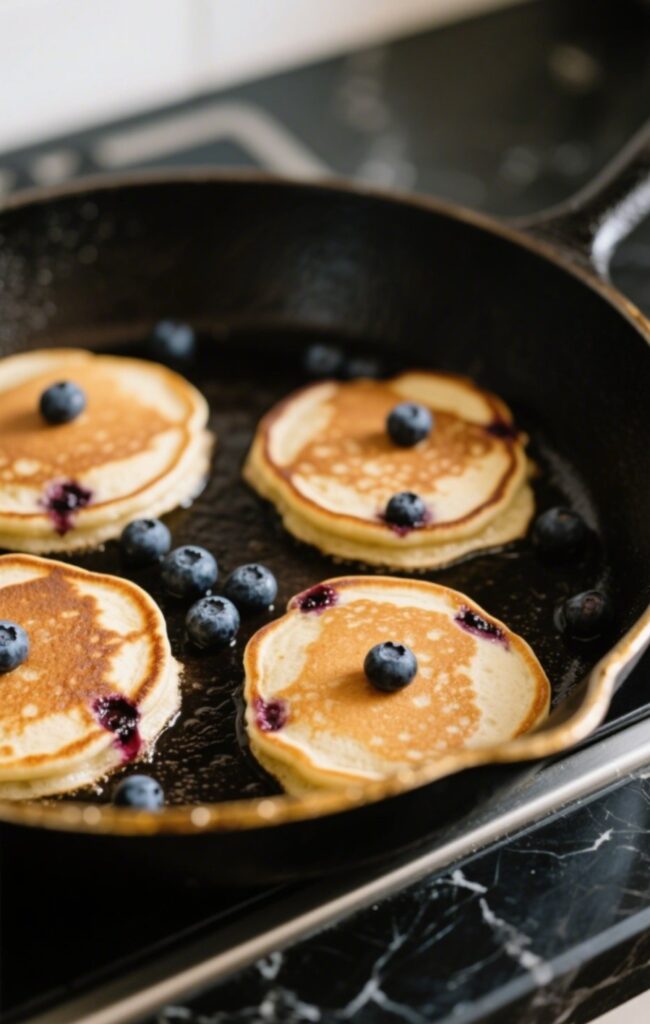 Blueberry pancakes cooking