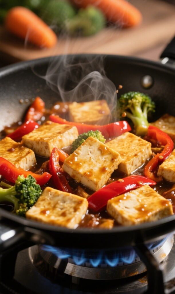 tofu frying in pan for stir-fry with vegetables