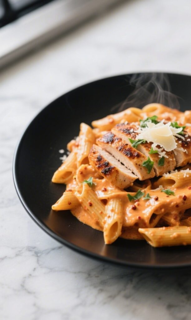 Creamy Cajun pasta served with sliced chicken