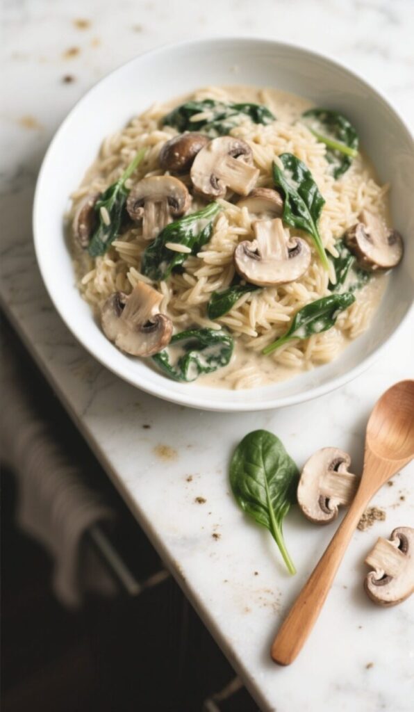 Bowl of Creamy Mushroom and Spinach Orzo with fresh herbs